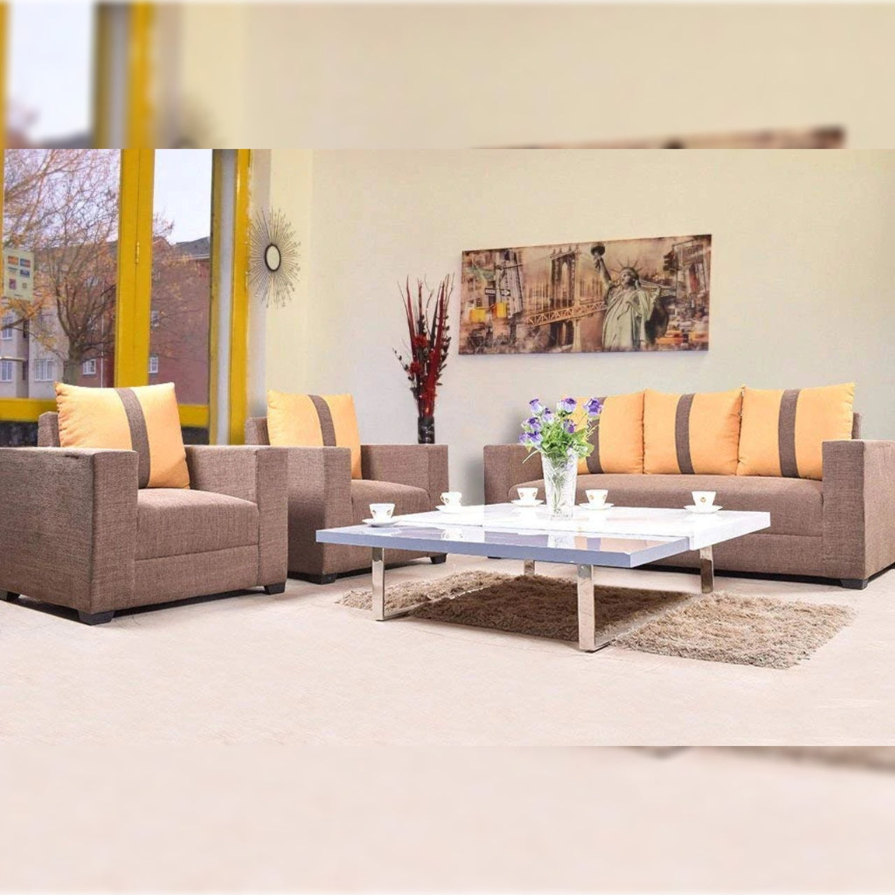 5 Seater Sofa Set (3+1+1) Fabric Sofa Set (Grey)