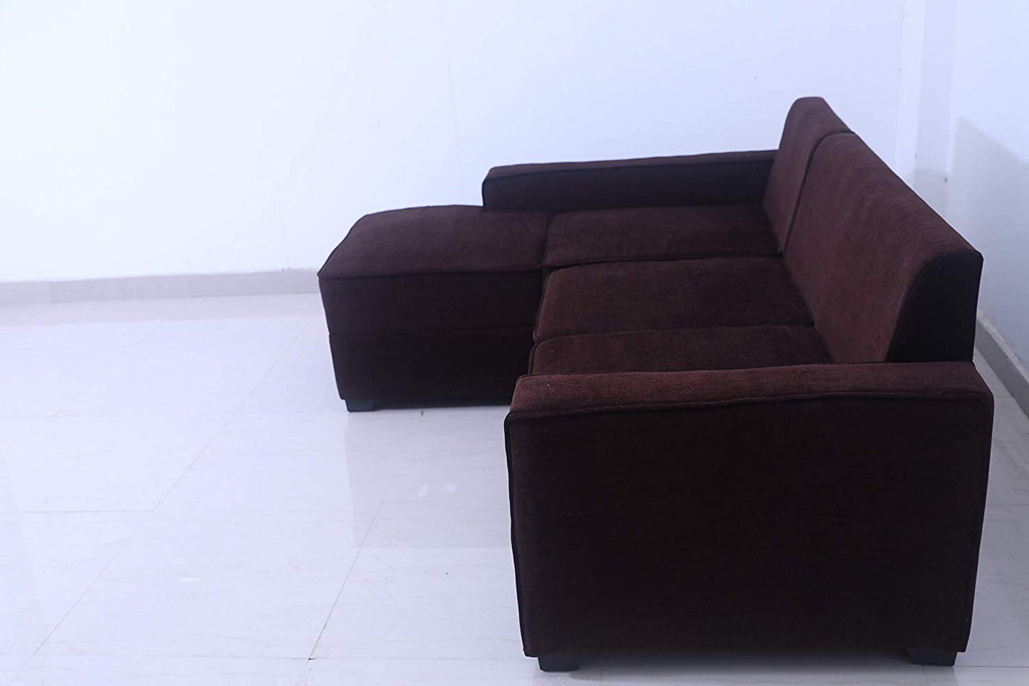 L Shape Sofa Set:- Fine Bone Hardwood Fabric Sofa Set 2-Puffy with Center (Brown & Beige)