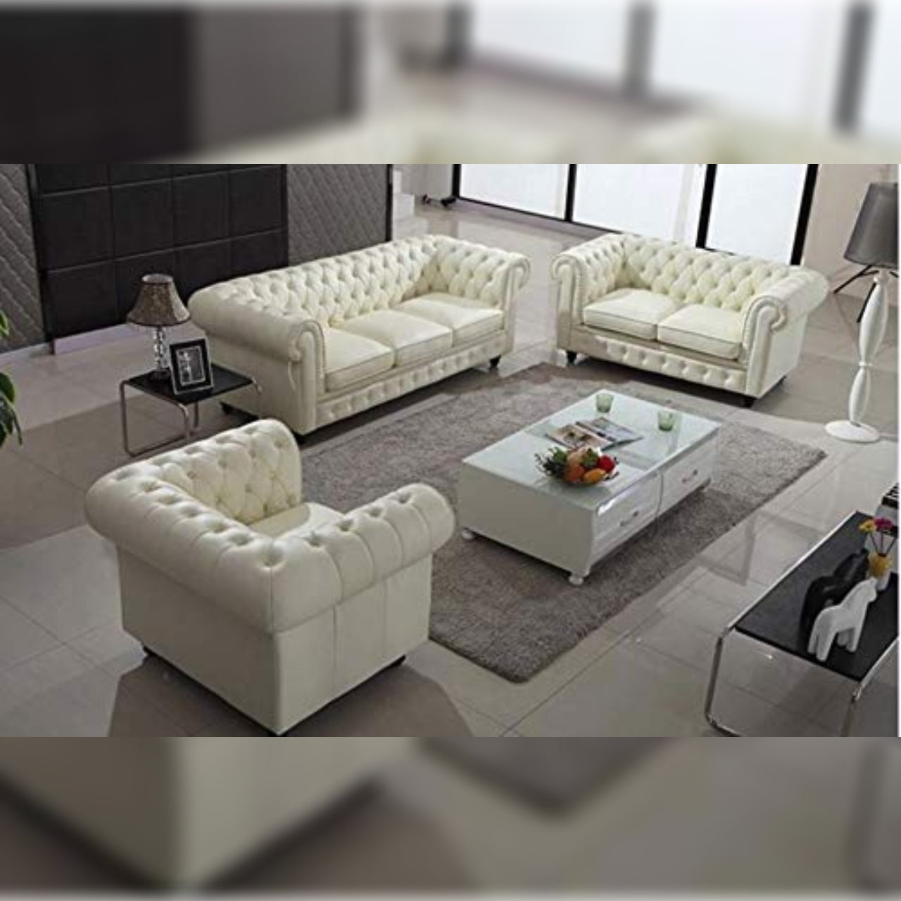 6 Seater Sofa Set- Chesterfield (3+2+1) Hardwood Leatherette Sofa Set (Black)