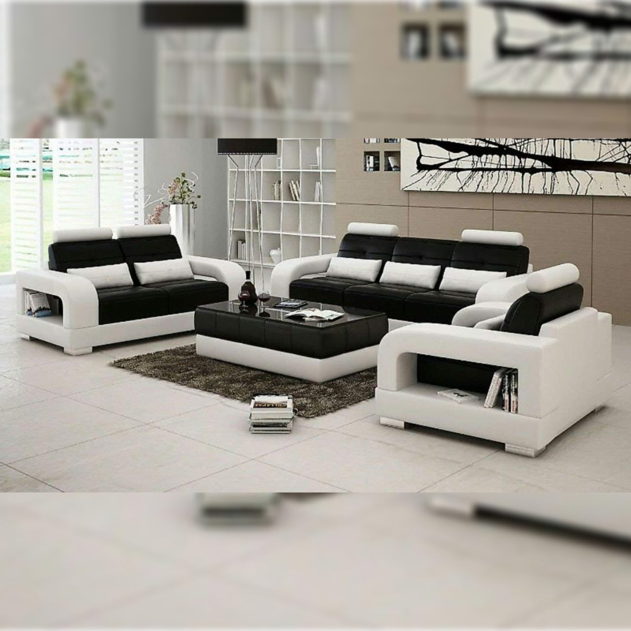 6 Seater sofa Set:- Spanish Leatherette 6 Seater Sofa Set with Table (White and Red)