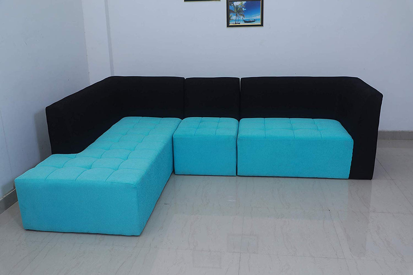 L Shape Sofa Set:- Fine Bone Fabric Sofa Set (Sky Blue & Black)