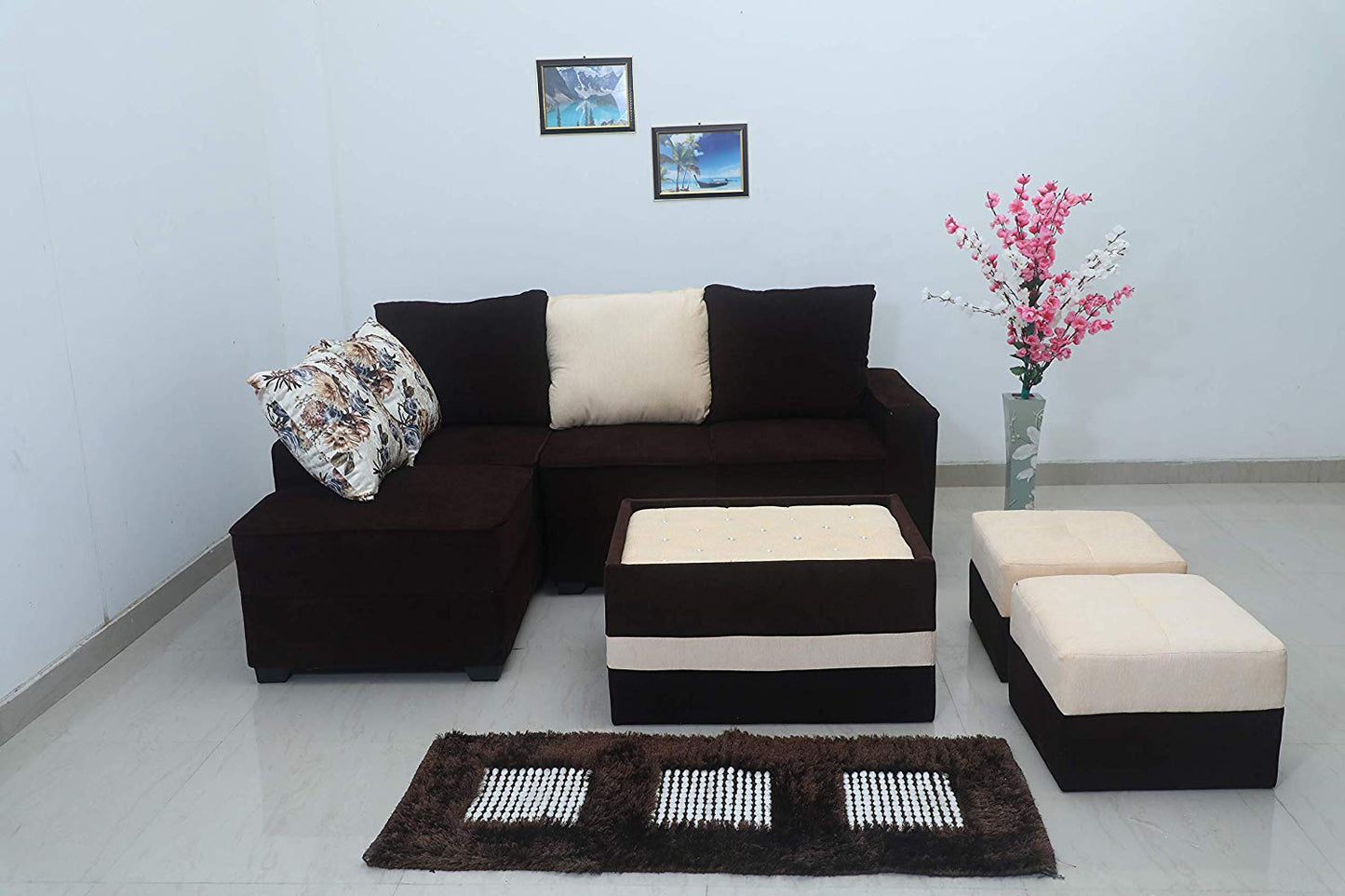 L Shape Sofa Set:- Fine Bone Hardwood Fabric Sofa Set 2-Puffy with Center (Brown & Beige)