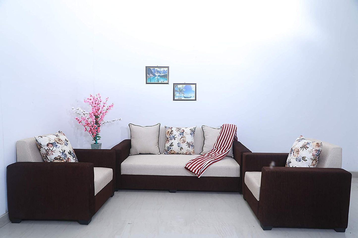 5 Seater Sofa Set:- Fine Bone 3+1+1 Fabric Sofa Set (Brown & Beige)