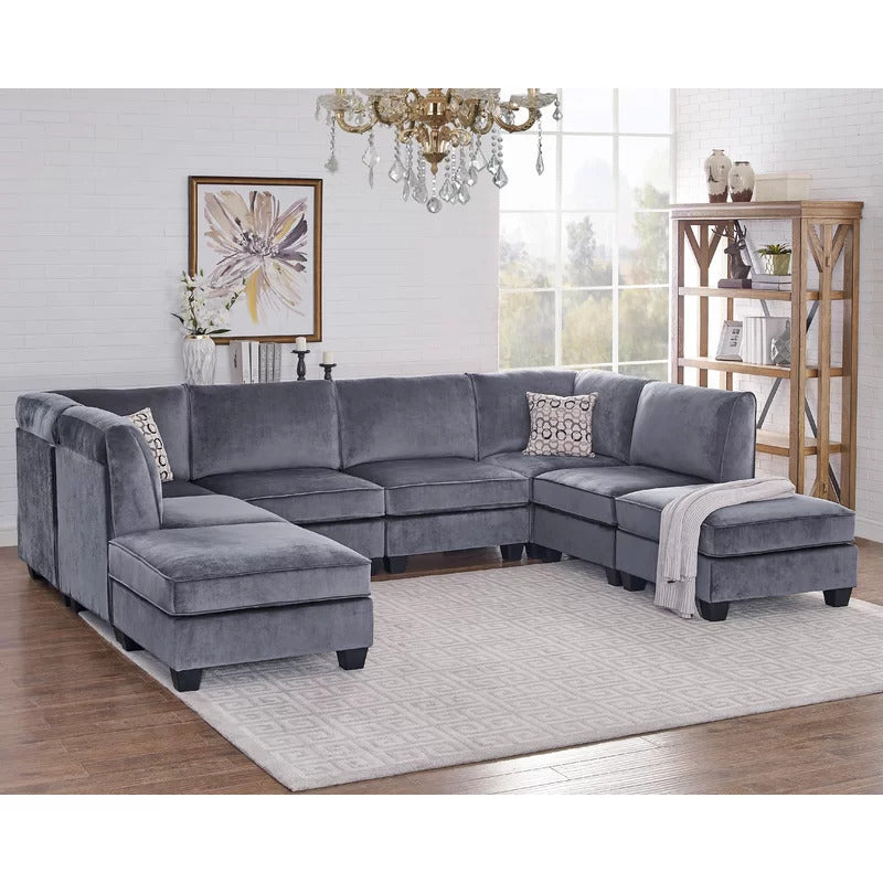 7 Seater Sofa Set: 120" Wide Velvet U Shape Sofa Set