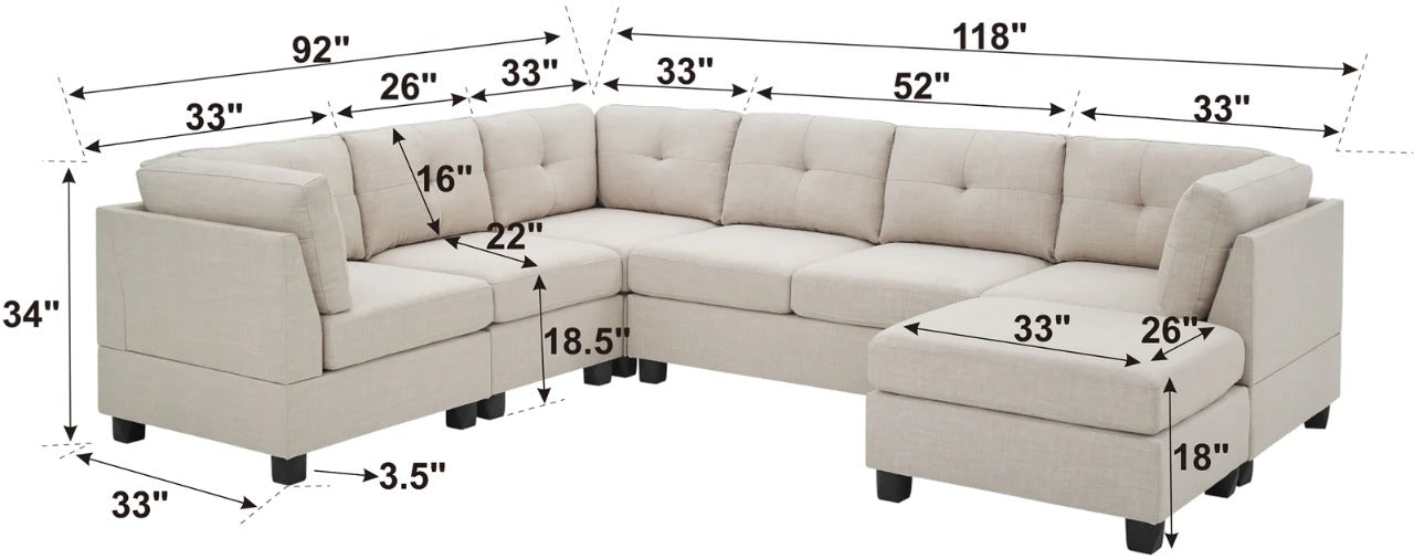 7 Seater Sofa Set: 144" Wide Linen Modular U Shape Sofa Set