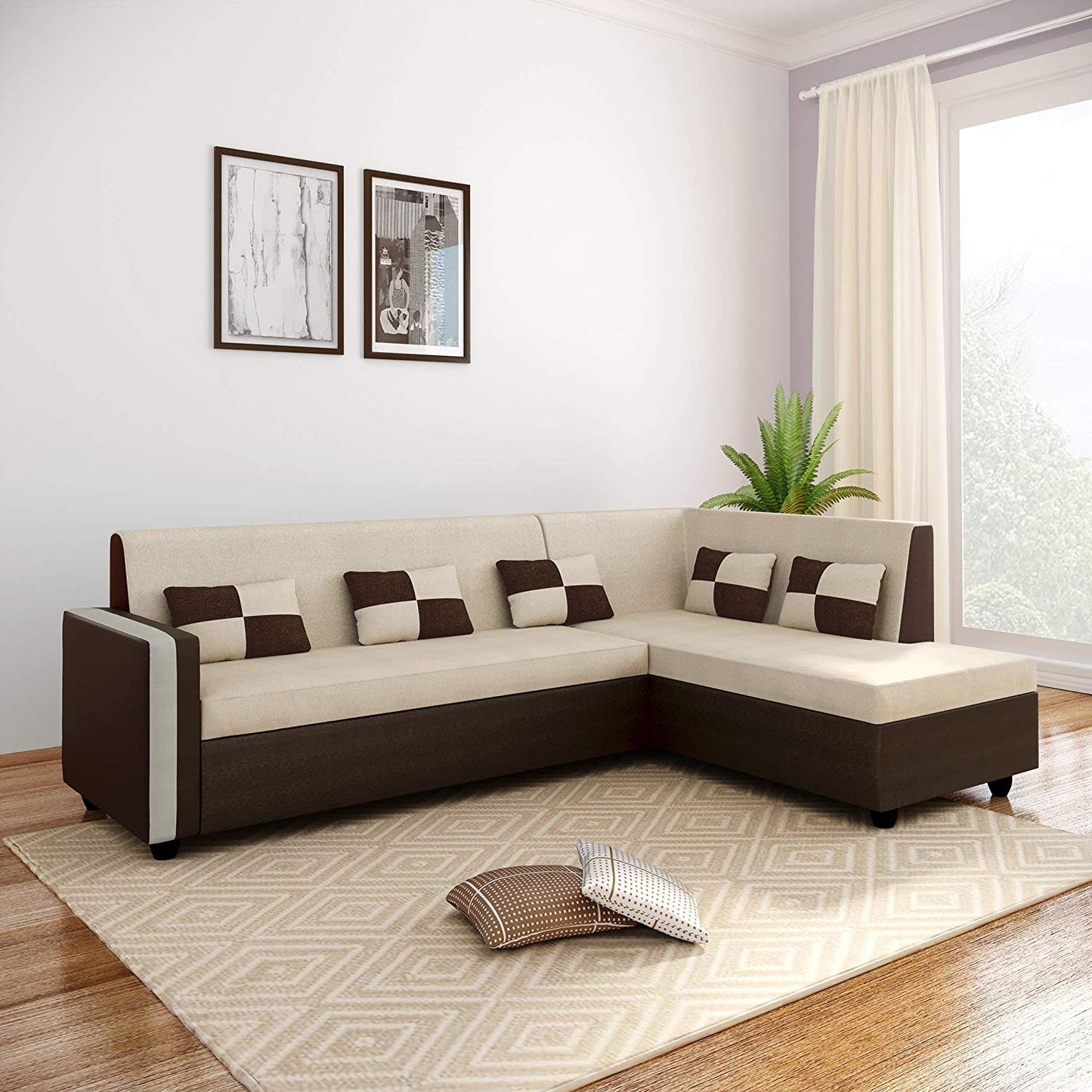 L Shape Sofa Set: -Lisa Fabric Sofa Set (Cream & Brown)