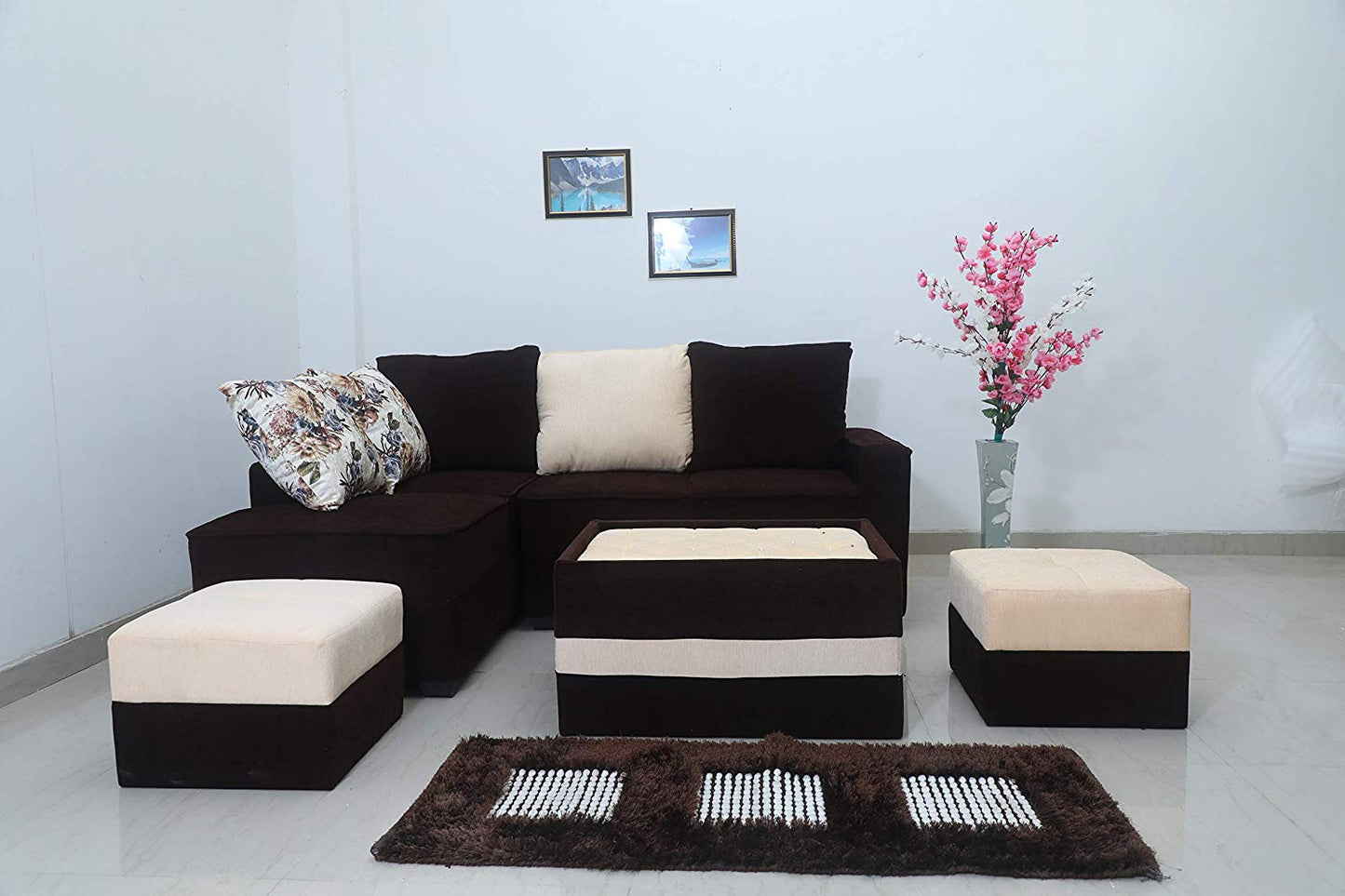 L Shape Sofa Set:- Fine Bone Hardwood Fabric Sofa Set 2-Puffy with Center (Brown & Beige)