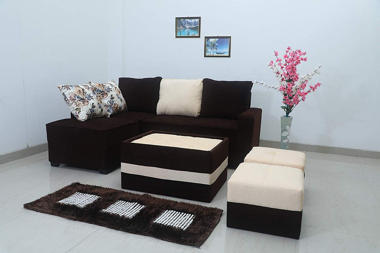 L Shape Sofa Set:- Fine Bone Hardwood Fabric Sofa Set 2-Puffy with Center (Brown & Beige)