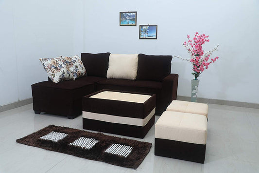 L Shape Sofa Set:- Fine Bone Hardwood Fabric Sofa Set 2-Puffy with Center (Brown & Beige)
