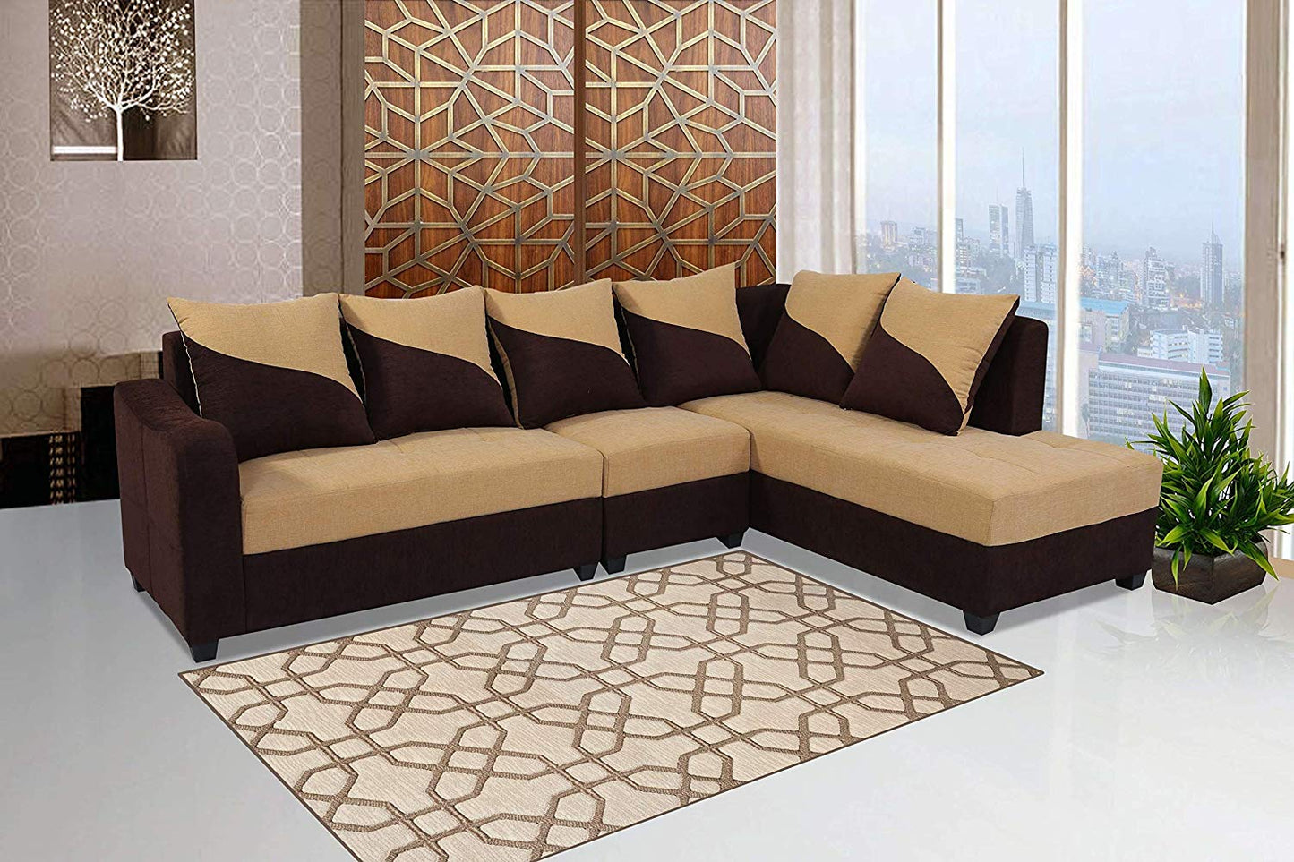 L Shape Sofa Set- Sato Fabric Sofa Set (Beige and Brown)