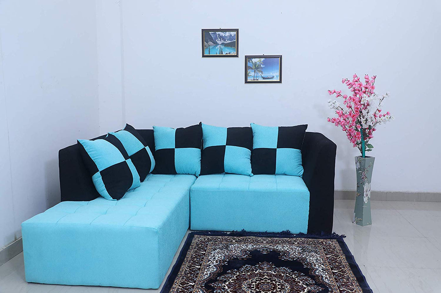 L Shape Sofa Set:- Fine Bone Fabric Sofa Set (Sky Blue & Black)