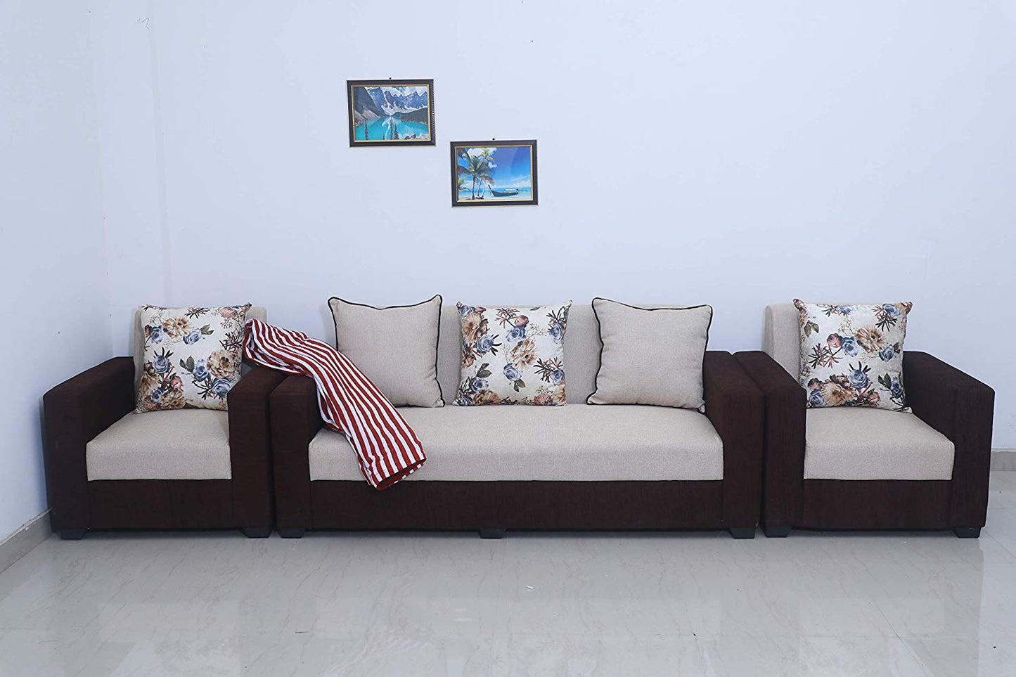 5 Seater Sofa Set:- Fine Bone 3+1+1 Fabric Sofa Set (Brown & Beige)