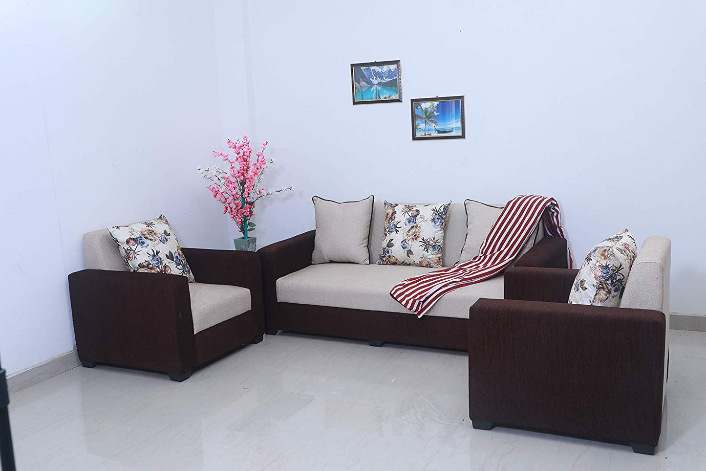 5 Seater Sofa Set:- Fine Bone 3+1+1 Fabric Sofa Set (Brown & Beige)
