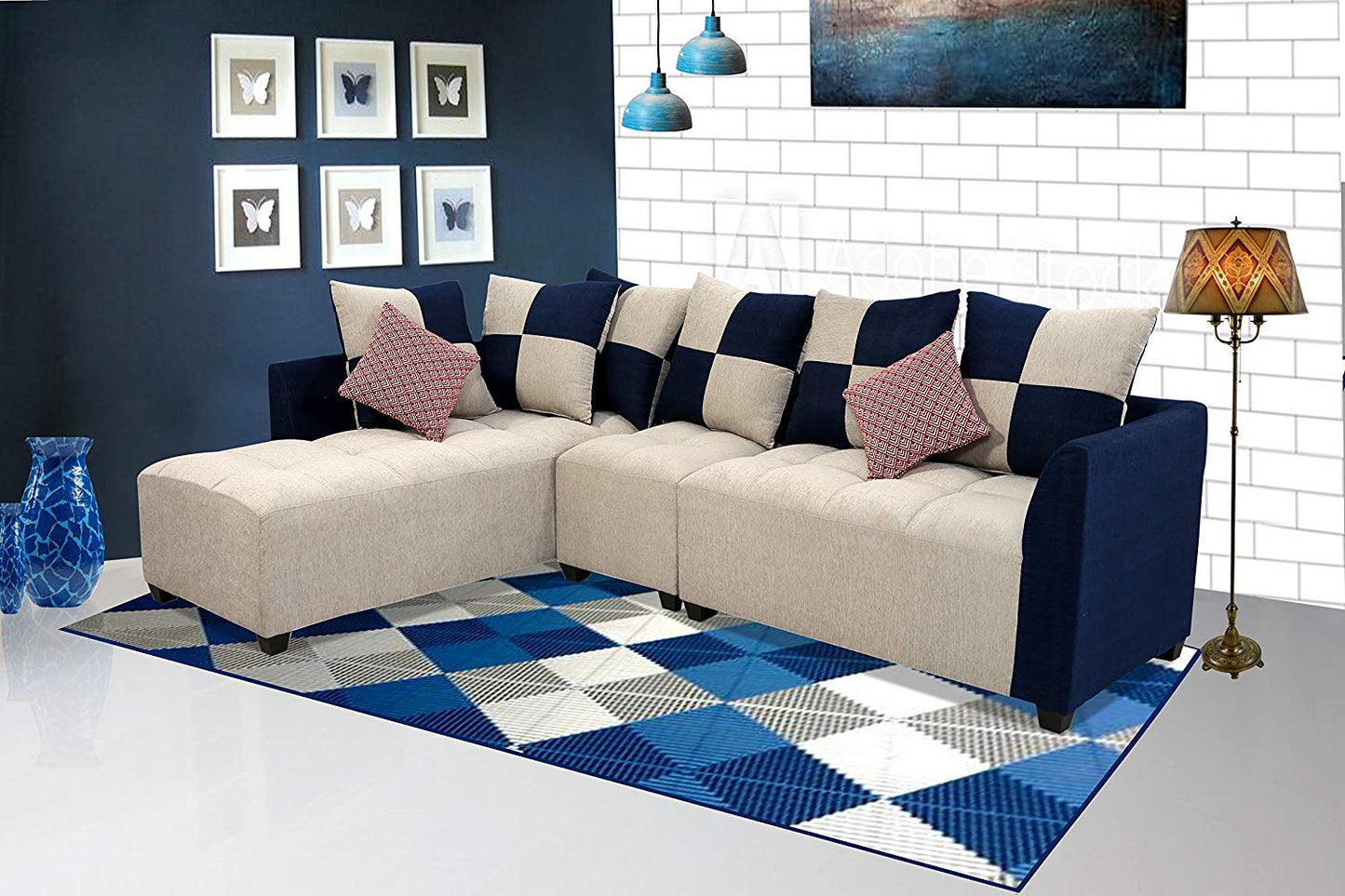 L Shape Sofa Set:- Cornett Sectional Fabric Sofa Set- LHS, (Grey & Blue)