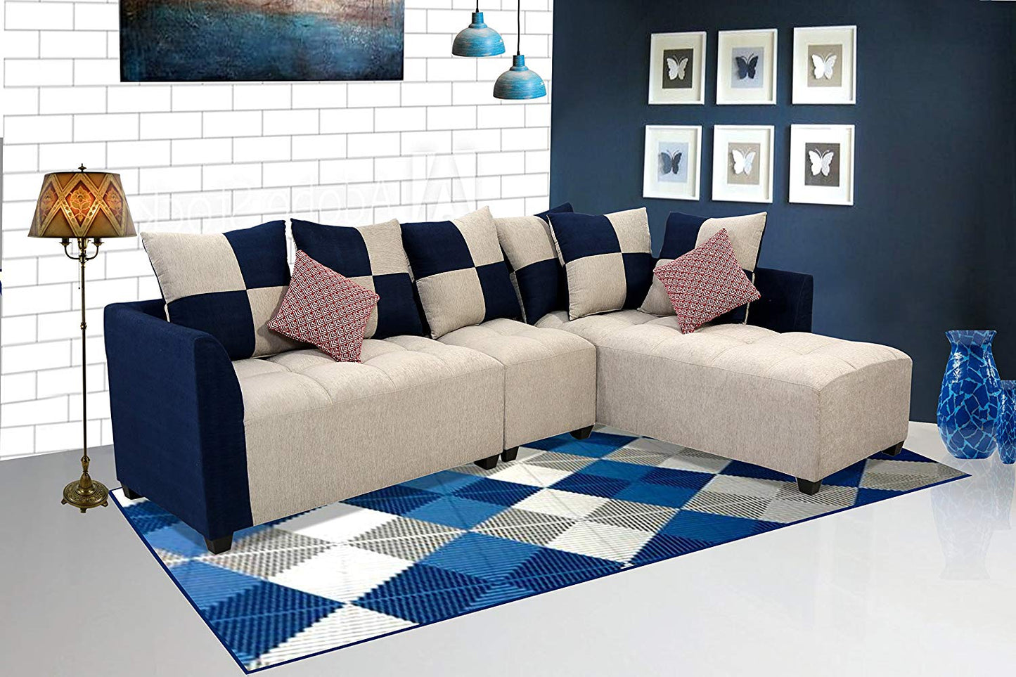 L Shape Sofa Set:- Cornett Sectional Fabric Sofa Set- LHS, (Grey & Blue)