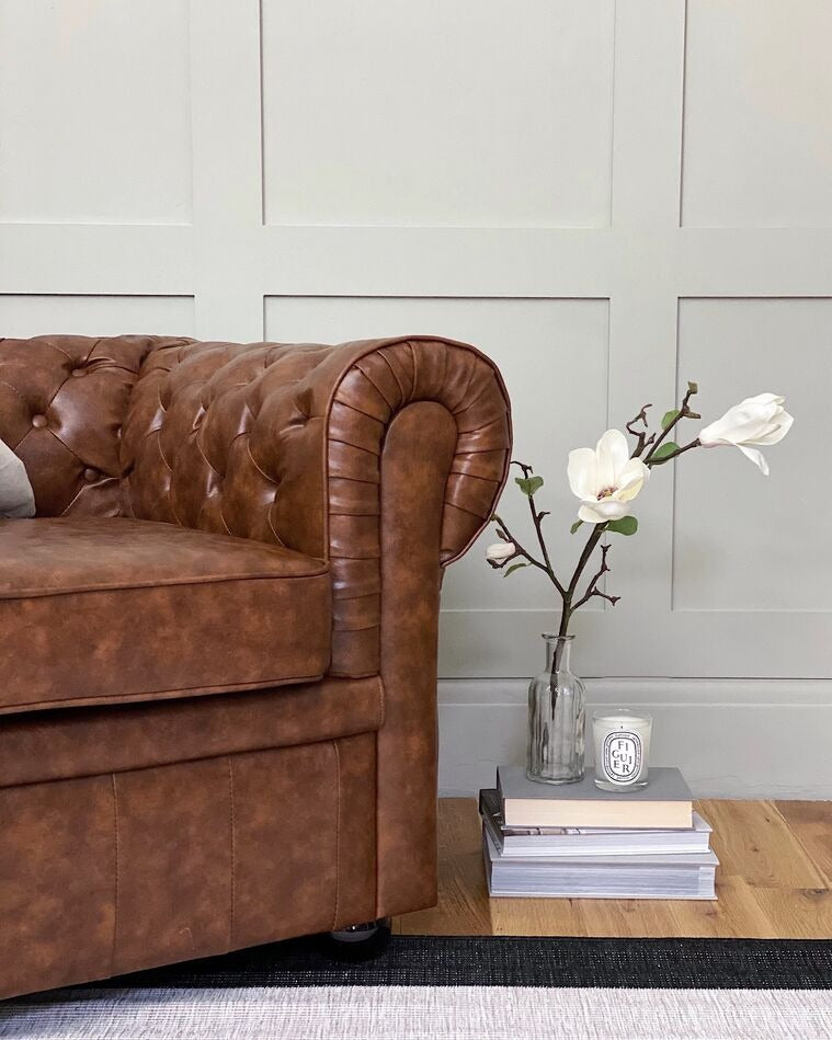 3 Seater Sofa Set:- Alden Artificial Chesterfield Leatherette Sofa Set (Golden Brown)