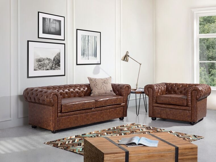 3 Seater Sofa Set:- Alden Artificial Chesterfield Leatherette Sofa Set (Golden Brown)