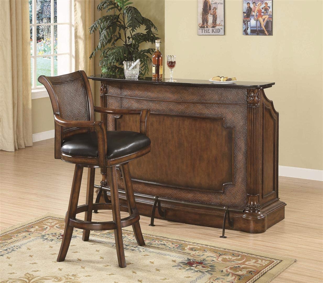 Bar Cabinet: 2-door 3-drawer Bar Unit with Marble Top Warm Brown and Black