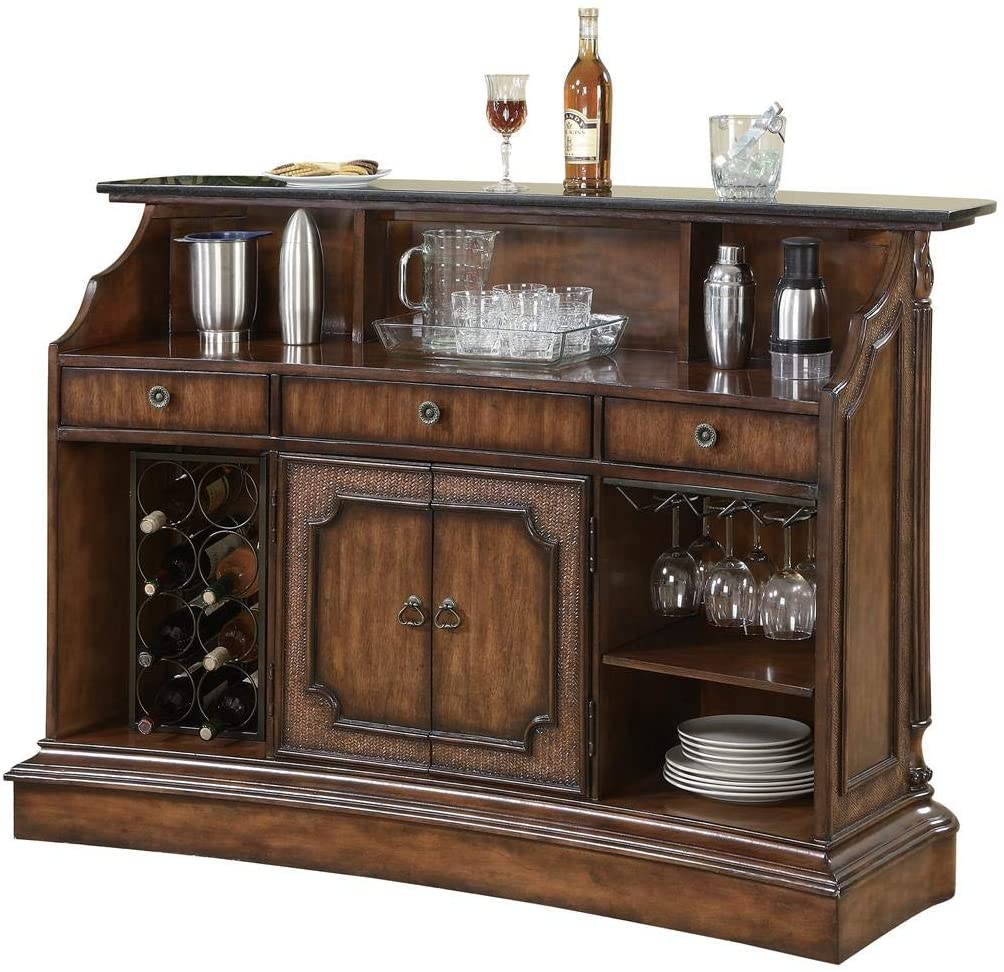 Bar Cabinet: 2-door 3-drawer Bar Unit with Marble Top Warm Brown and Black
