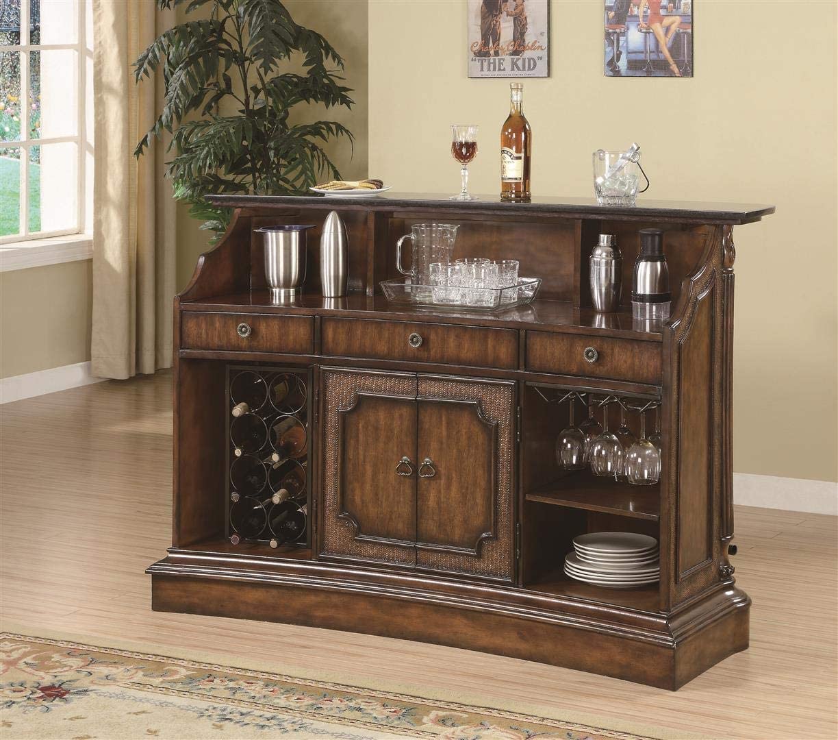 Bar Cabinet: 2-door 3-drawer Bar Unit with Marble Top Warm Brown and Black