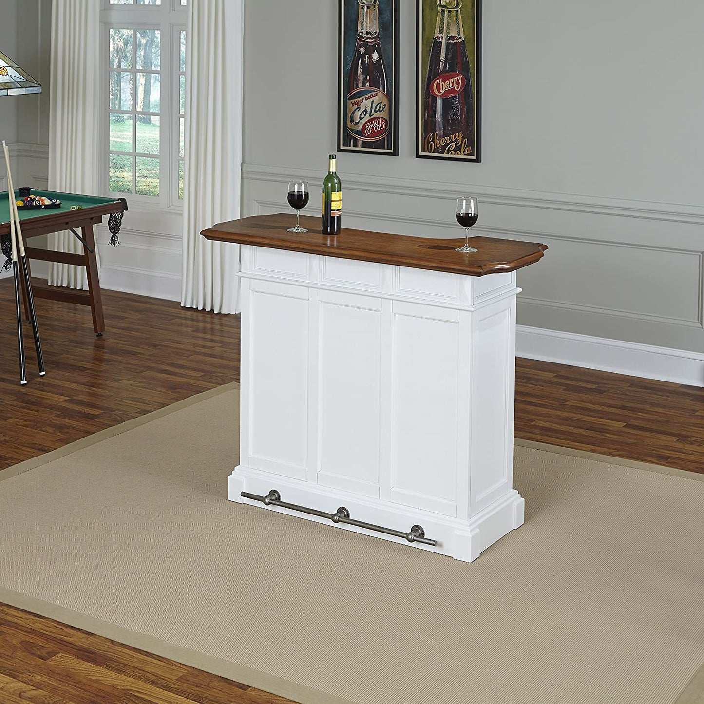 Bar Cabinet: 4-Shelf Bar with Foot Rail, White and Oak Finish