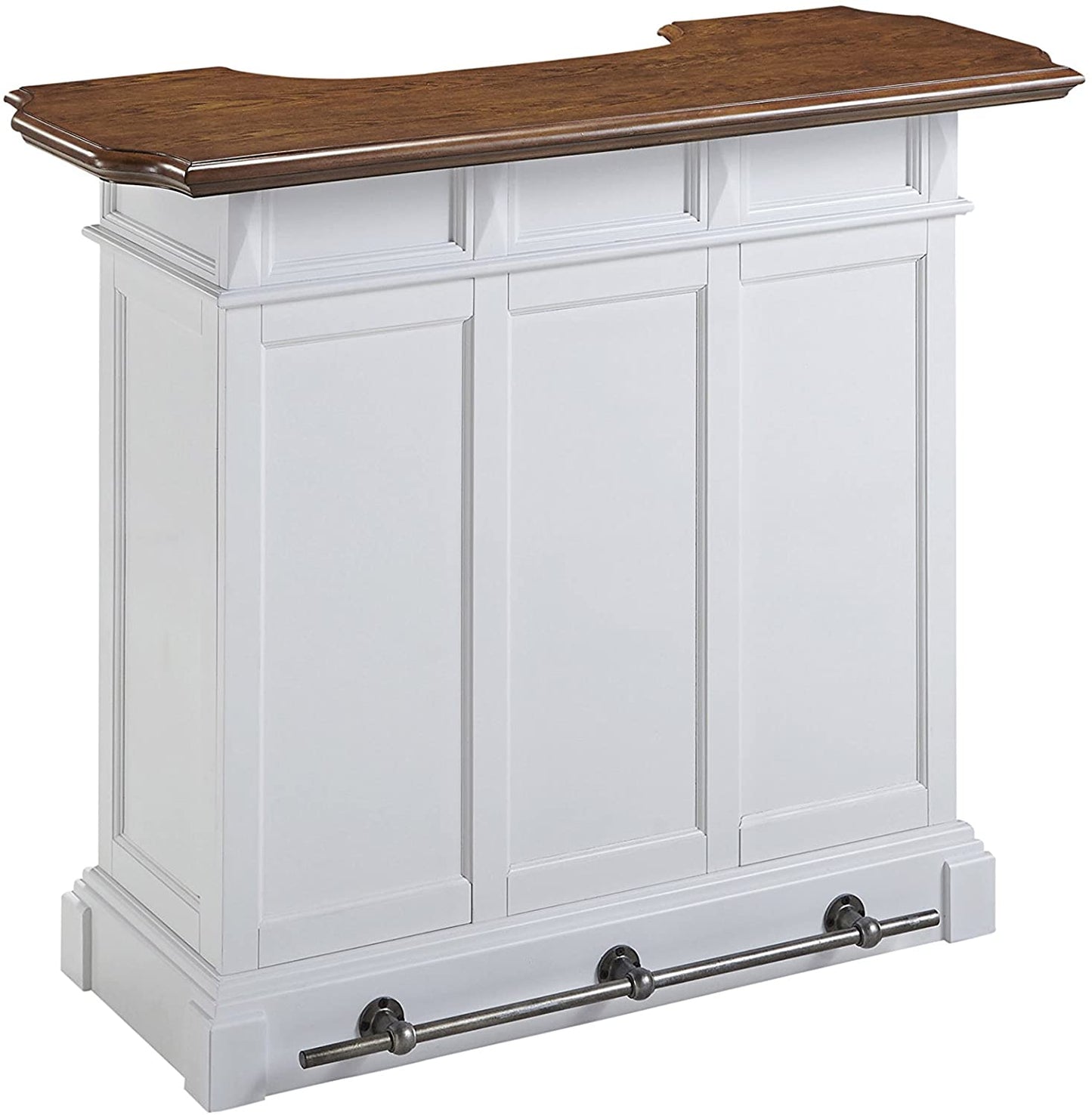 Bar Cabinet: 4-Shelf Bar with Foot Rail, White and Oak Finish