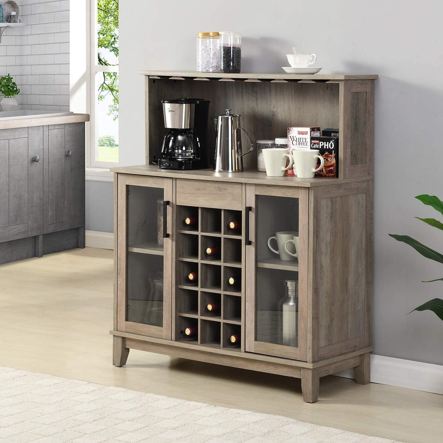 Bar Cabinet: Bar Cabinet with Wine Rack and Glass Doors in Grey Wash Finish