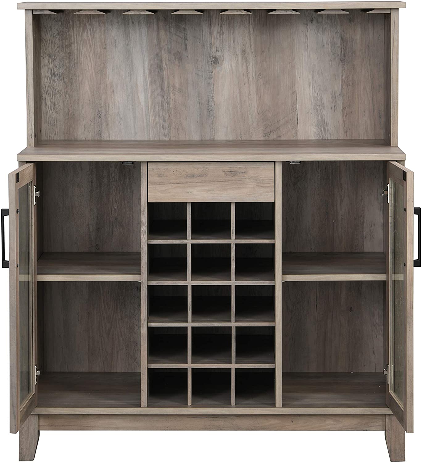 Bar Cabinet: Bar Cabinet with Wine Rack and Glass Doors in Grey Wash Finish
