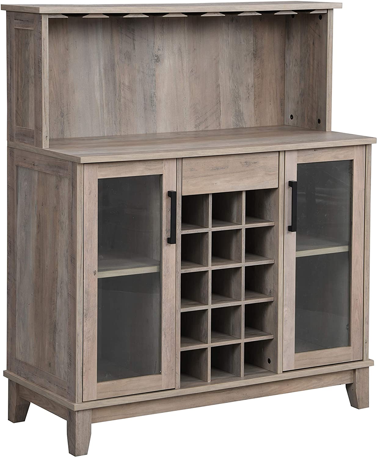 Bar Cabinet: Bar Cabinet with Wine Rack and Glass Doors in Grey Wash Finish