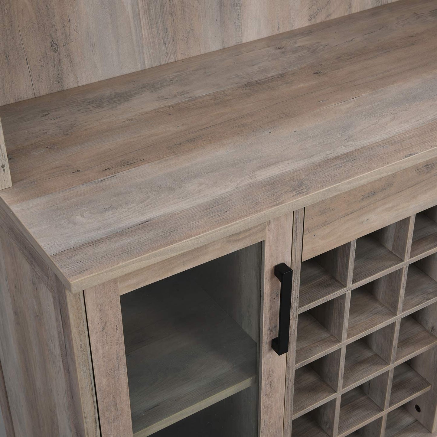 Bar Cabinet: Bar Cabinet with Wine Rack and Glass Doors in Grey Wash Finish