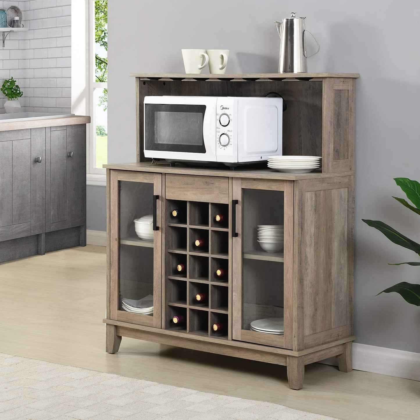 Bar Cabinet: Bar Cabinet with Wine Rack and Glass Doors in Grey Wash Finish