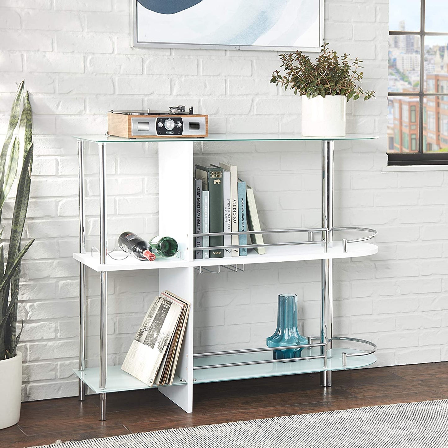 Bar Cabinet: Bar Table with Two Tempered Glass Shelves