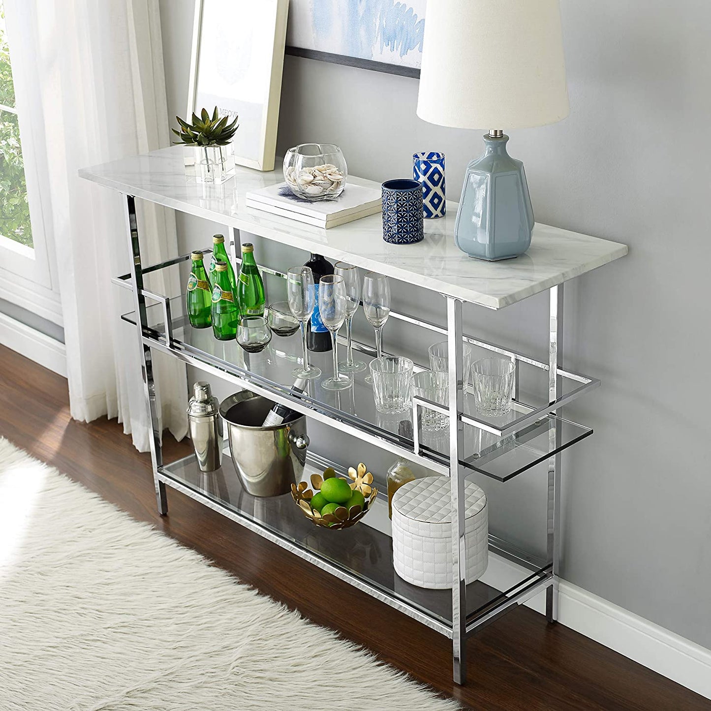 Bar Cabinet: Bar with Paper Marble Top, Chrome Finish