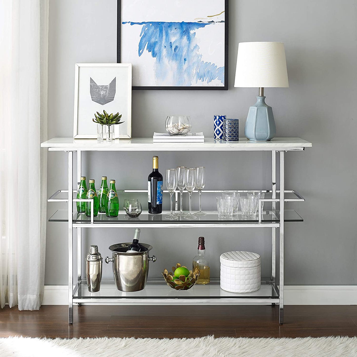 Bar Cabinet: Bar with Paper Marble Top, Chrome Finish