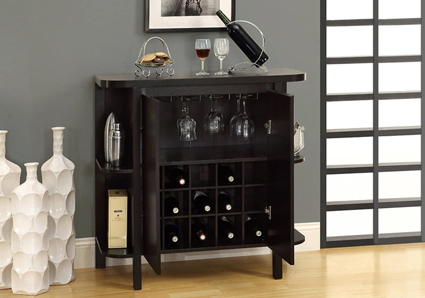 Bar Cabinet: Cappuccino Finish Modern Bar Cabinet