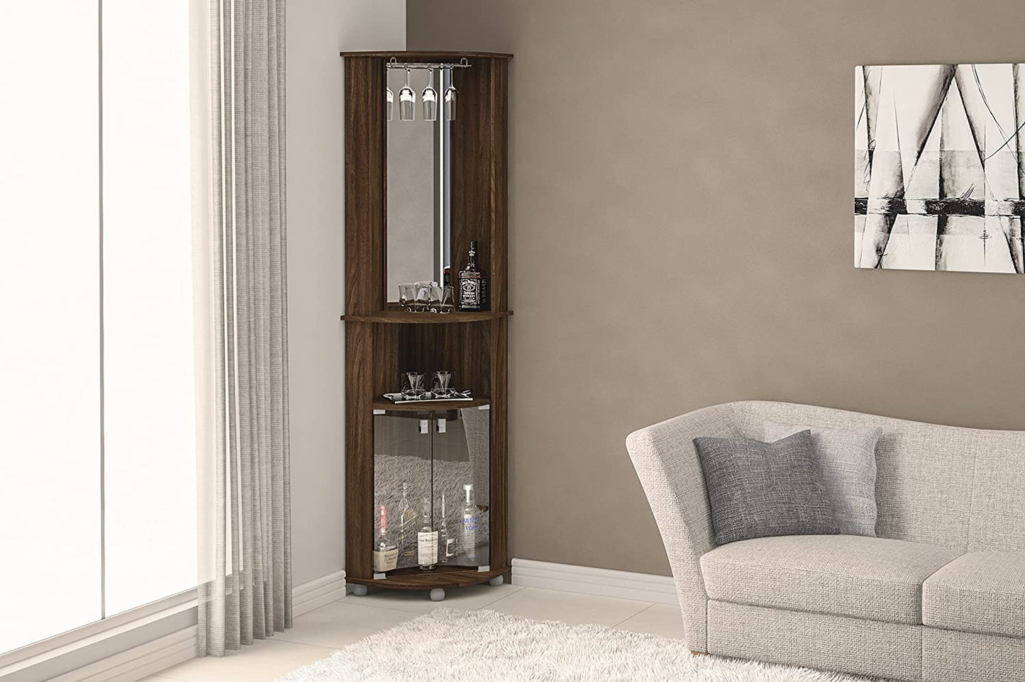 Bar Cabinet: Corner Bar, 2 Glass Door, Mirrored Wall, Glass Rack