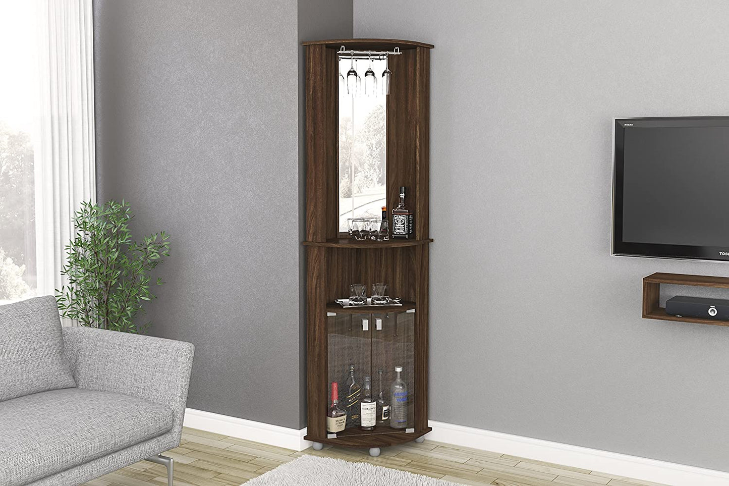 Bar Cabinet: Corner Bar, 2 Glass Door, Mirrored Wall, Glass Rack