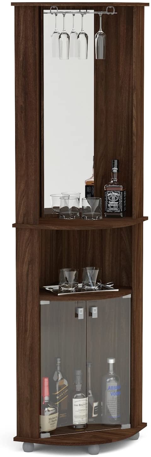 Bar Cabinet: Corner Bar, 2 Glass Door, Mirrored Wall, Glass Rack