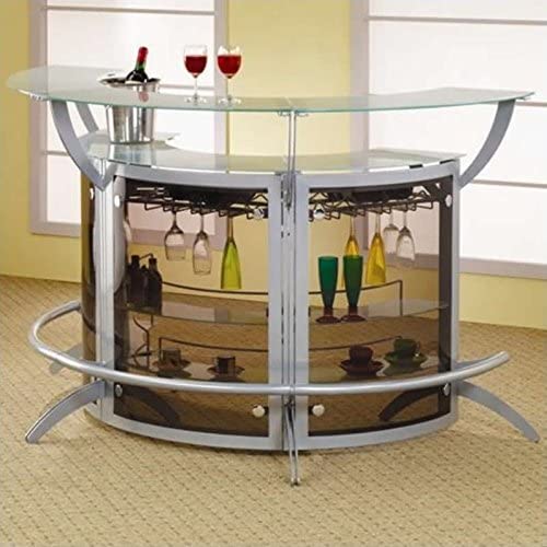 Bar Cabinet: Metal Glass Top Home Bar Unit in Silver