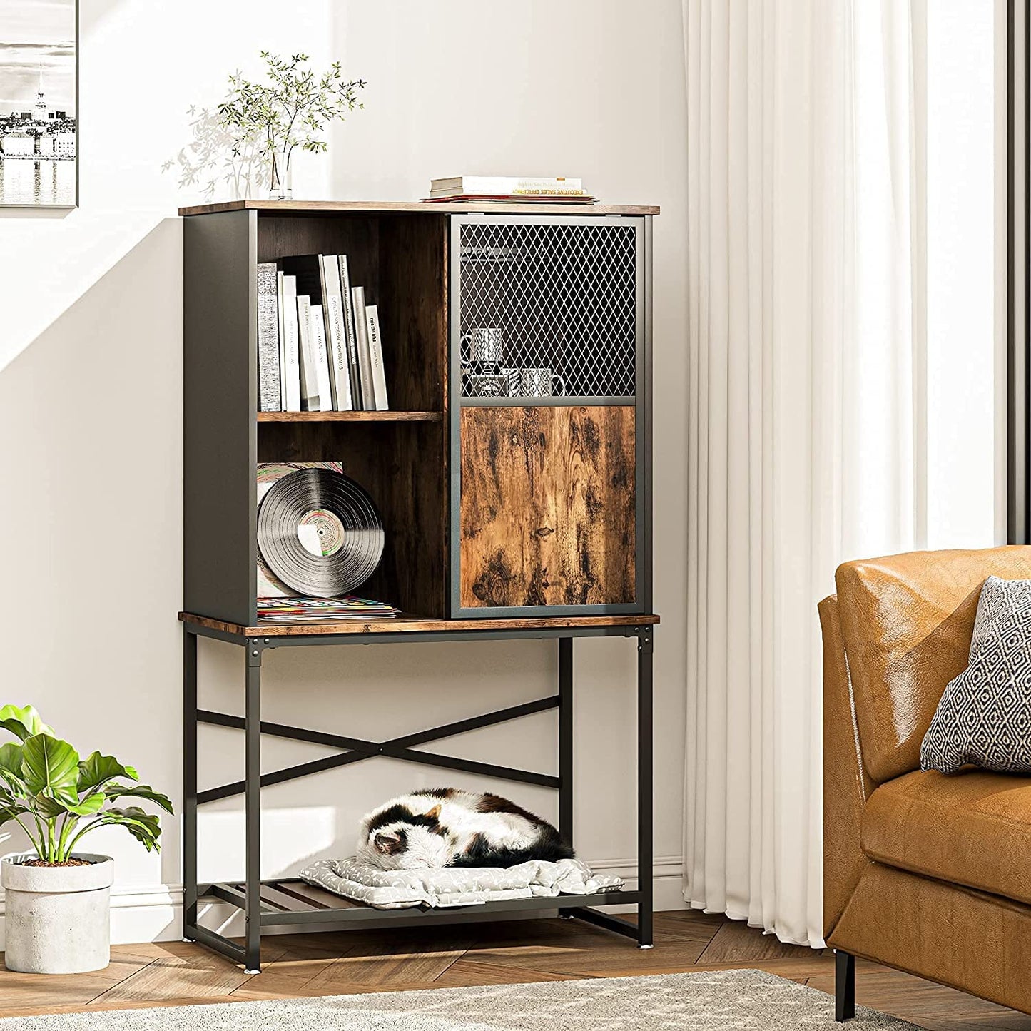 Bar Cabinet: Storage Cabinet with Sliding Door and Open Shelf