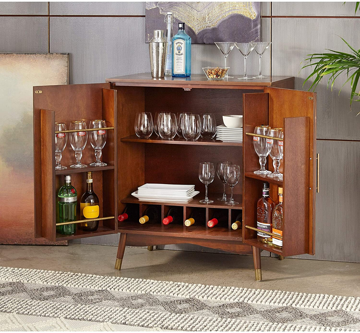 Bar Cabinet: Transitional MDF Veneer Walnut Finish Bar Cabinet