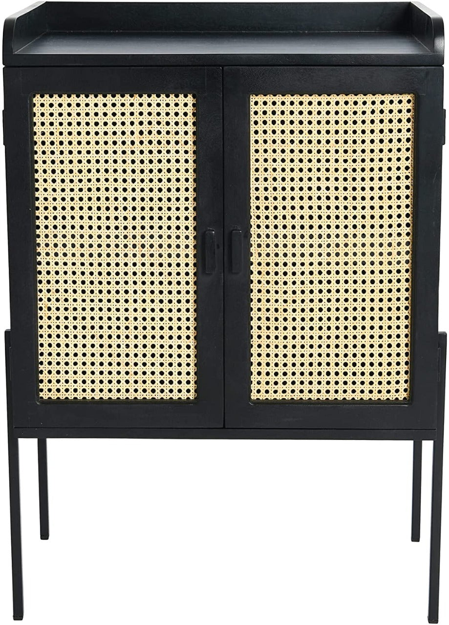 Bar Cabinet: Wood Natural Woven Cane Details Bar Cabinet, Black Finish