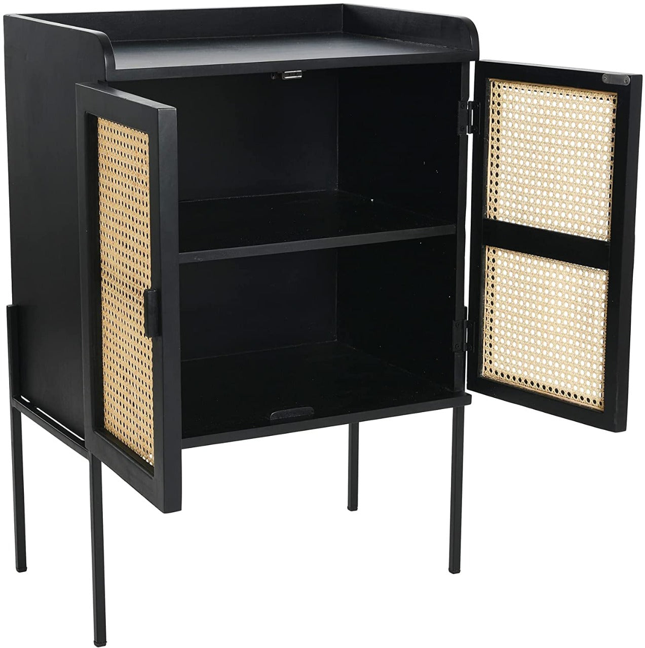 Bar Cabinet: Wood Natural Woven Cane Details Bar Cabinet, Black Finish