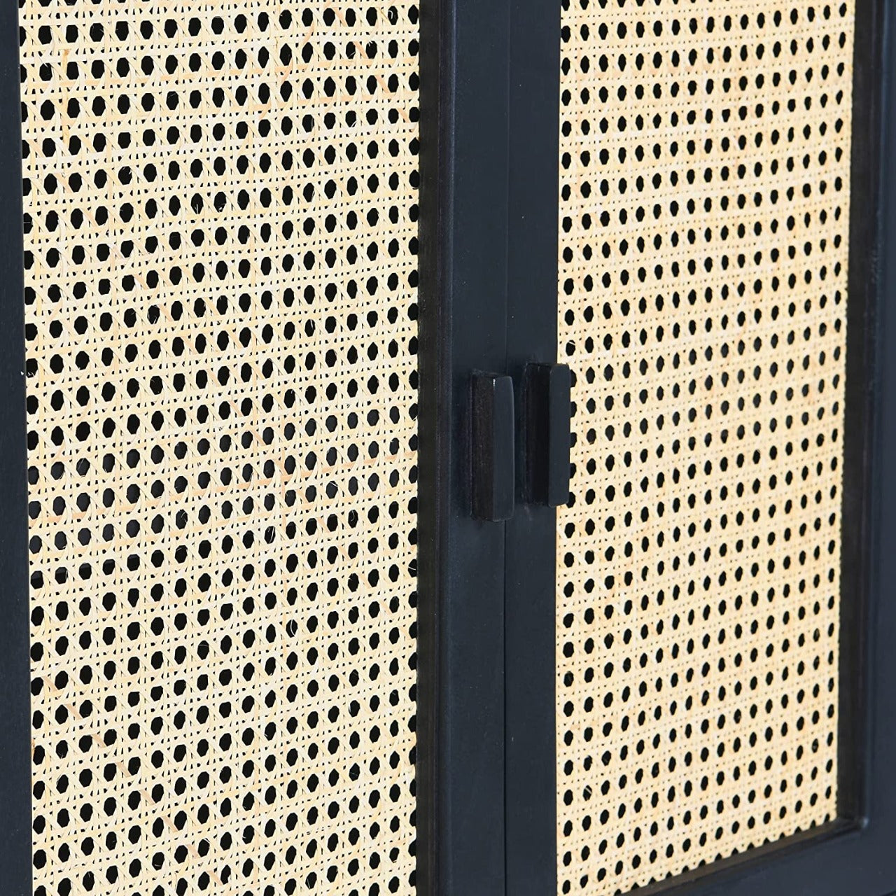 Bar Cabinet: Wood Natural Woven Cane Details Bar Cabinet, Black Finish