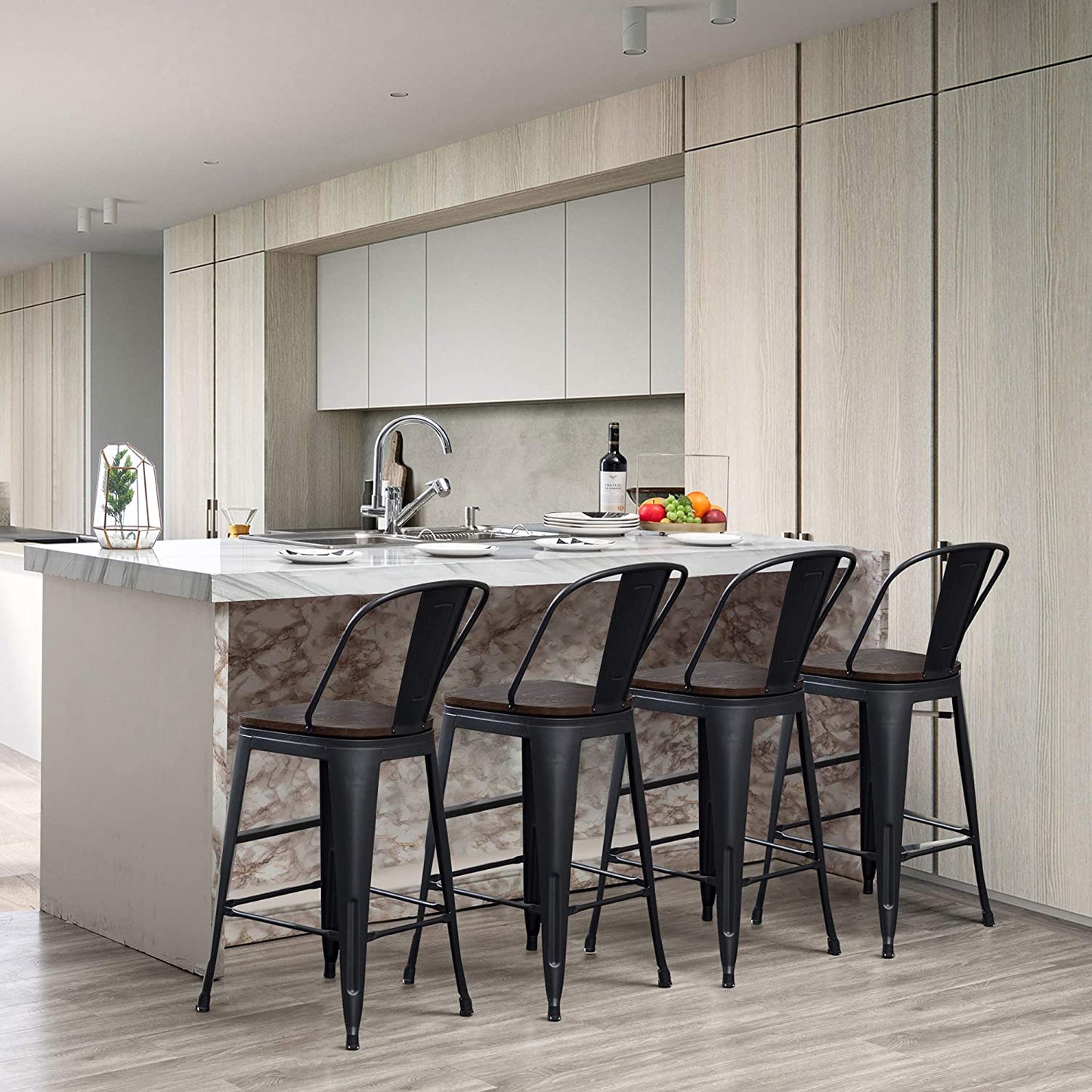 Bar Stool: Back Wooden Seat 24" Matte Black