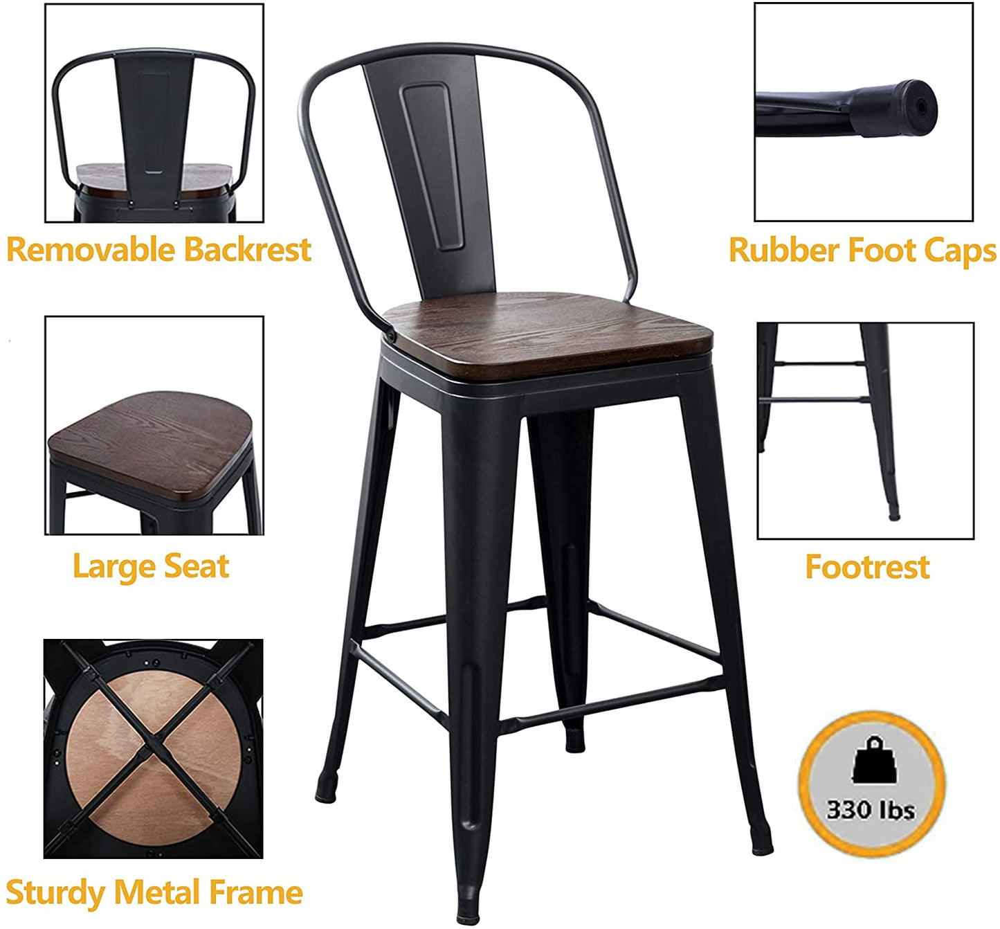 Bar Stool: Back Wooden Seat 24" Matte Black