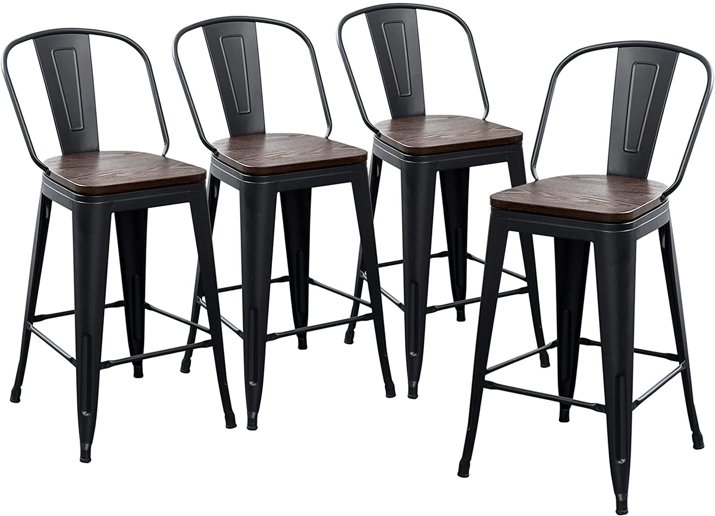 Bar Stool: Back Wooden Seat 24" Matte Black