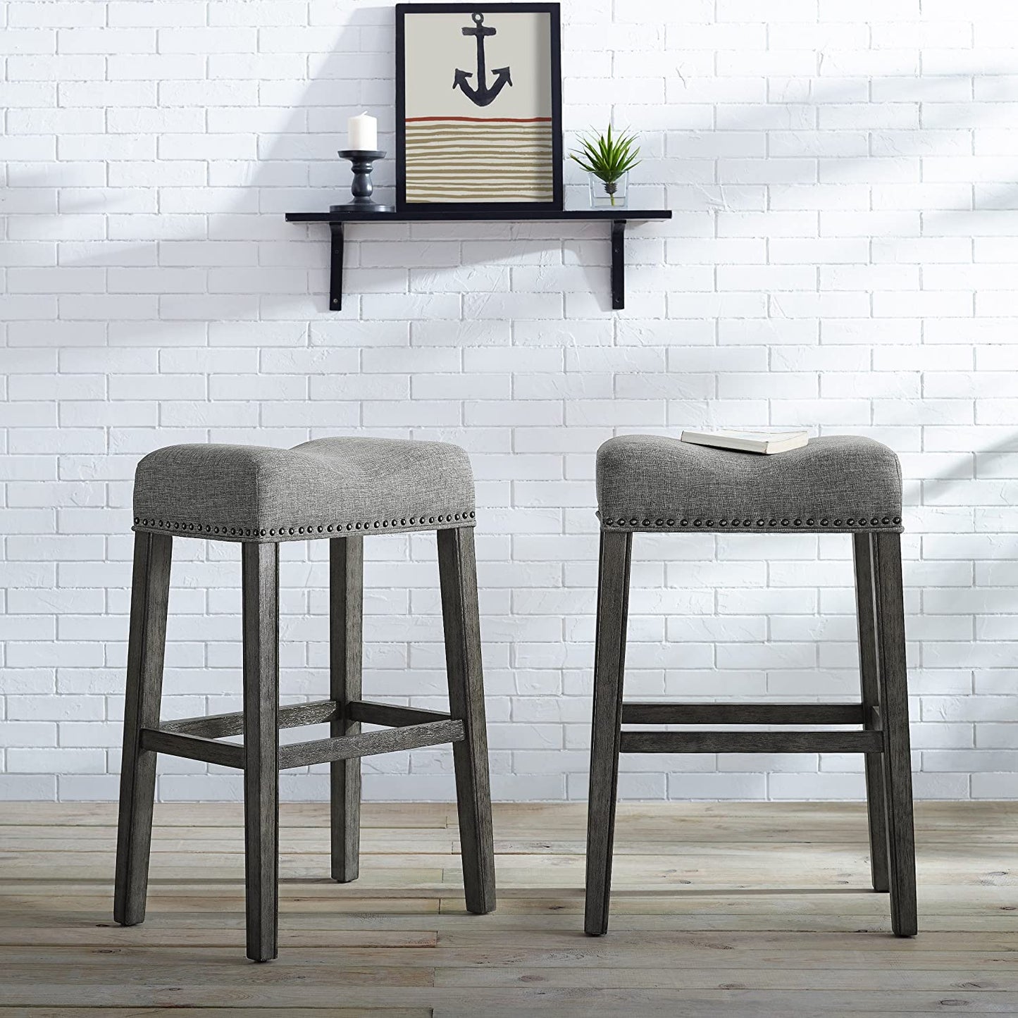 Bar Stool Backless Saddle Seat Bar Stools 29 Height Set of 2, Grey