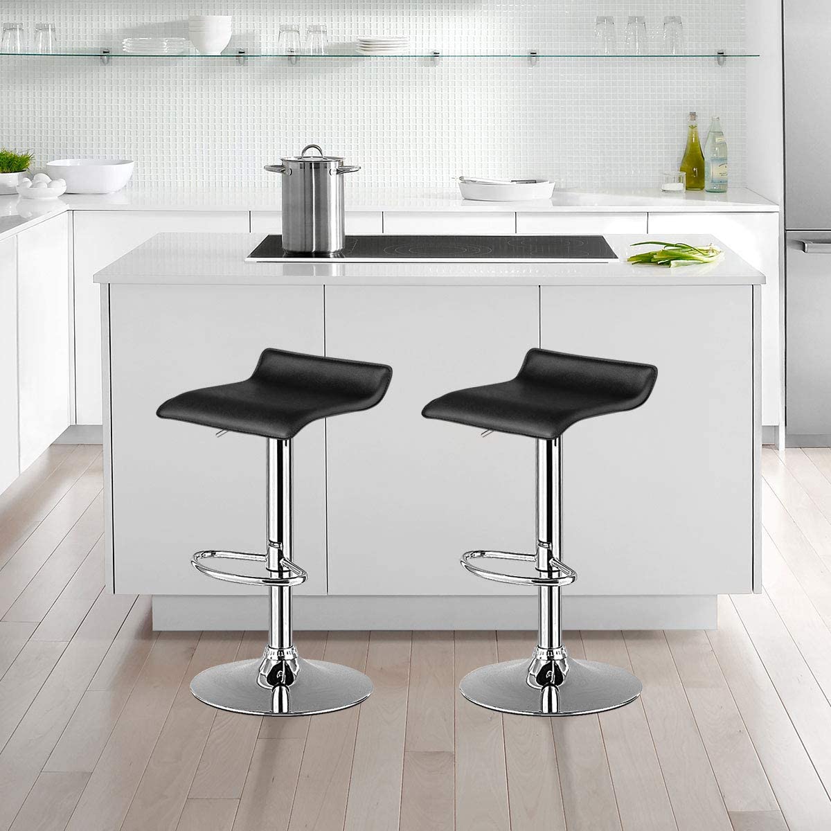 Bar Stool Modern Design Chrome Hydraulic PU Leatherette Backless Barstools (Black, Set of 2)
