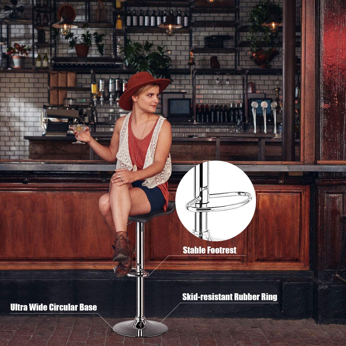 Bar Stool Modern Design Chrome Hydraulic PU Leatherette Backless Barstools (Black, Set of 2)